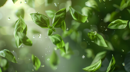 A delicate array of green basil leaves floating gently through the air, coated in glistening dew, illuminated by soft natural light.