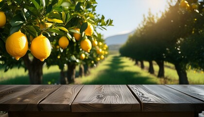 Wall Mural - a wooden table and lemon trees on background
