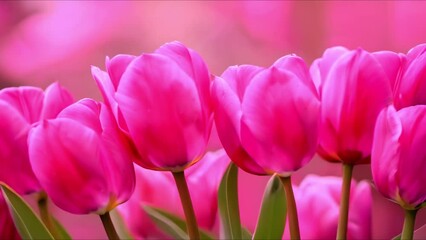 Wall Mural - Pink tulips on a soft pink background: perfect for adding text. Concept Floral Photography, Pink Background, Text Overlay, Spring Blooms, Tulip Display