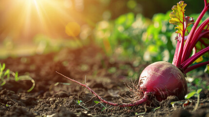 Wall Mural - A vibrant red radish sits partially unearthed in a lush garden, bathed in golden sunlight, embodying the freshness of organic farming.