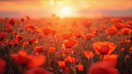 Wall Mural - Vivid poppy field bathed in warm sunset glow. Concept Nature, Flowers, Photography, Sunset, Colors