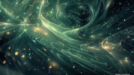 Dark starry sky abstract with green-silver swirling patterns and twinkling lights background