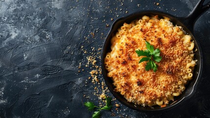 Canvas Print - Baked macaroni and cheese topped with breadcrumbs in skillet
