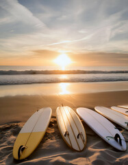 Wall Mural - surfboards arranged on a sandy beach at sunset, with the sun dipping into the horizon