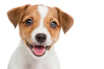 Wall Mural - Cute Jack Russell Terrier puppy portrait with fluffy smile on clear background. Funny, lovely pet concept.