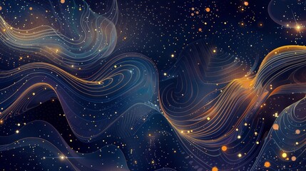 Wall Mural - deep indigo and gold with neon dots swirling light trails and cosmic dust. background
