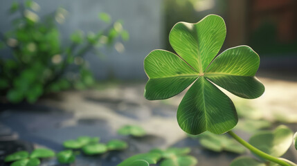 Poster - A close-up of a vibrant four-leaf clover highlighted by soft sunlight, symbolizing luck and natural beauty in a serene outdoor setting.