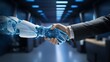 © zaman Designer - Human leader shaking hands with robot partner, demonstrating the combination of human with AI technology in business innovation.