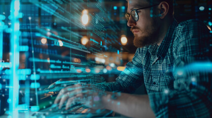 A focused programmer working on a computer, with code and data reflecting in the glowing blue lights around.