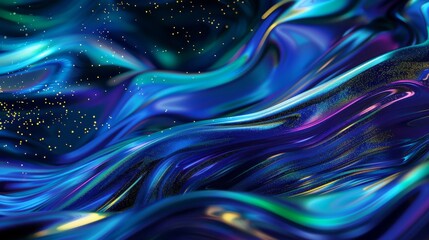 Wall Mural - Neon green and cobalt blue with wave patterns light trails and metallic textures. background