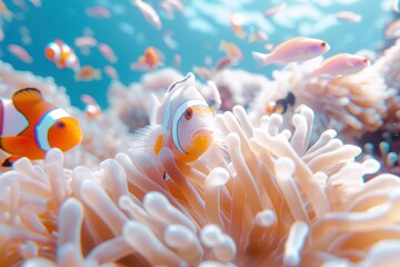 Colorful clown fish swimming among anemone and coral reef in deep ocean, marine life concept, underwater world scene.