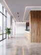 ©  Green Creator - Modern office interior with wooden wall, large window and minimalist design.
