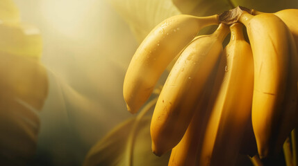 Poster - A bunch of ripe bananas hangs amidst tropical foliage, bathed in warm sunlight, exuding freshness and a tropical vibe.