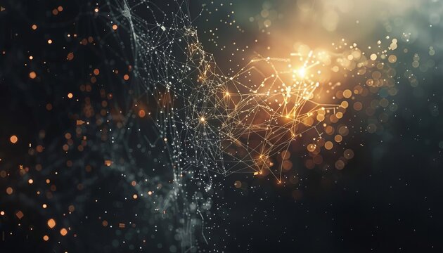 A dark abstract background with a burst of light and network connections