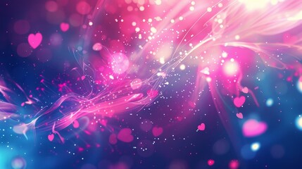Bright pink and royal blue wallpaper with light beams particles and heart shapes background