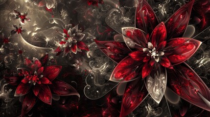 Ruby red and platinum wallpaper with floral designs light effects and hearts background