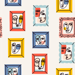 Wall Mural - various abstract faces in frames. ink painting style. contemporary hand drawn modern vector illustra