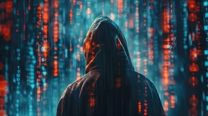 faceless hooded hacker in dark digital space with matrix background cyber attack concept