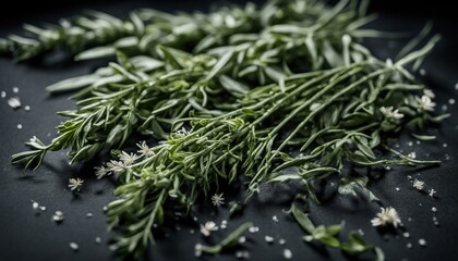 Wall Mural - A closeup view of a clump of freshly cut herbs on black background with sprinkled patterns showing variety and colors of each plant among them.