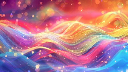 Fluid waves with sparkling dots and bokeh in bright colors. background
