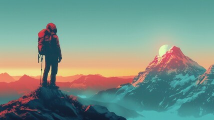 A hiker with a backpack looking at a distant peak, minimal style, illustration background