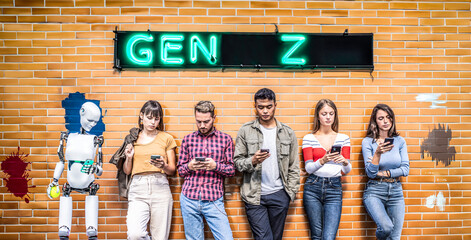 Generation Z standing against a brick wall with smartphones and a humanoid robot. A diverse group of young adults connected through technology. Neon sign indicating Generation Z.