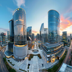 Panoramic view of modern skyscrapers in an urban financial district at sunset, with vibrant evening colors reflecting on glass buildings.