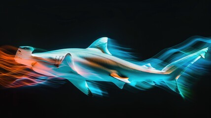 Digitally altered shark swimming through vibrant colors