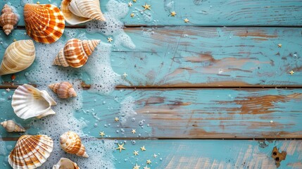 Canvas Print - Summer vacation backdrop with shells on wood travel and sea theme