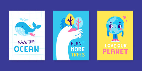 Wall Mural - cartoon ecological poster set. vector environment cards collection. colorful abstract eco banners.