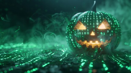 Wall Mural - Halloween pumpkin with green binary code overlay, blending festive and digital themes in a glowing scene