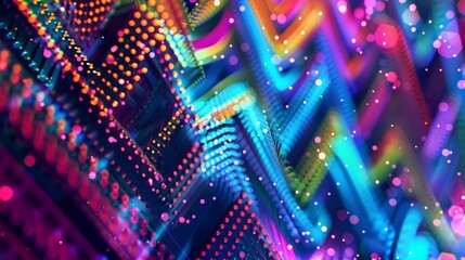 Wall Mural - High-contrast wallpaper with zigzag patterns neon colors glowing dots and carnival feel. background