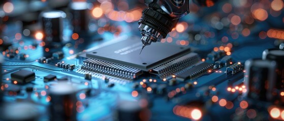 Wall Mural - a close-up of a microchip being inspected by a robotic arm