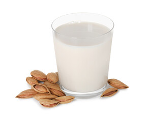 Sticker - Glass of almond milk and almonds isolated on white