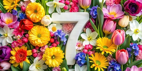 Poster - Number seven surrounded by colorful spring flowers, number seven, spring flowers, nature, vibrant, blooming, seasonal