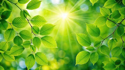 Wall Mural - Fresh green leaves and bright sunlight in spring , new growth, renewal, nature, sunny, clear sky, greenery, foliage