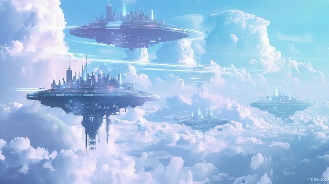 futuristic floating city among fluffy clouds in vivid blue sky surreal concept illustration