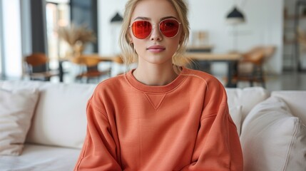 A woman wearing red sunglasses sits on a white couch in a modern apartment