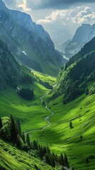 Poster - landscape with grass and mountains