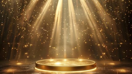 Wall Mural - golden podium illuminated by spotlights award ceremony stage with rays and sparks