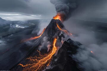 Wall Mural - Aerial view of an erupting volcano spewing lava and smoke.
