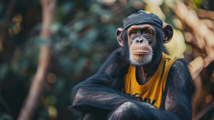 Wall Mural - Chimpanzee wearing yellow shirt and cap in forest