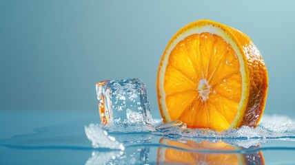 Wall Mural - Half orange with ice cube on reflective surface