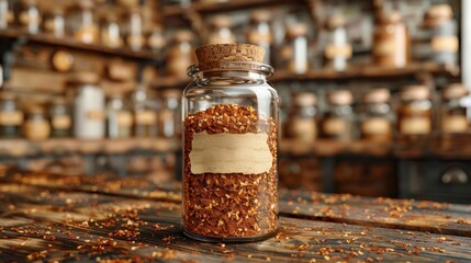 Jar of red pepper flakes on spice shop counter