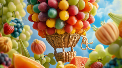 a hot air balloon made from a variety of fruits