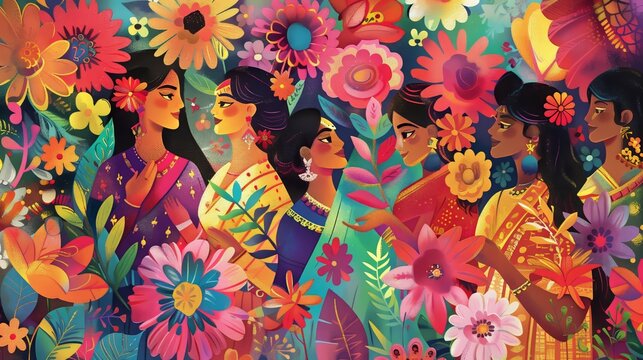 A vibrant Women's Day celebration features diverse women in colorful attire, surrounded by flowers and joy.