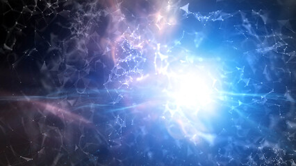 Poster - shining cyberspace network with lines and dots particles illustration background.