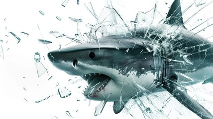 Wall Mural - Great white shark breaking through shattered glass, showing teeth