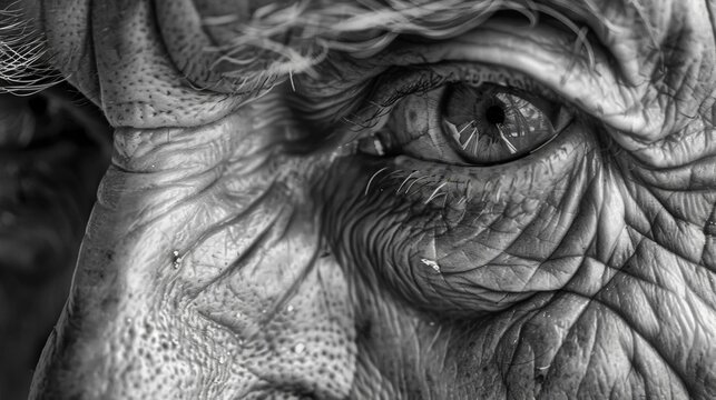 A closeup of a weathered face lined with wrinkles and defined by years of working outdoors. Black and white art
