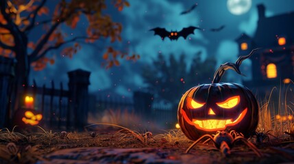 Pumpkin, night, bat, spiders, moon, halloween illustrations.